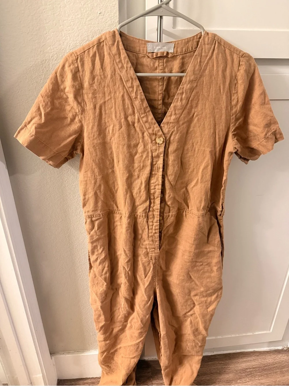 Everlane Short-Sleeve V-Neck Jumpsuit in Tan